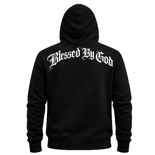 MOLETOM CANGURU PRETO BLESSED BY GOD UNISSEX