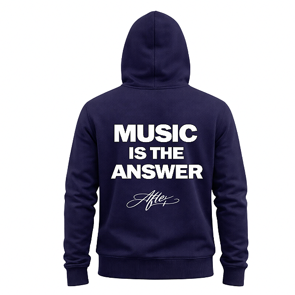 MOLETOM CANGURU AZUL MARINHO UNISSEX AFTER MUSIC IS THE ANSWER COM CAPUZ BOLSO FRONTAL