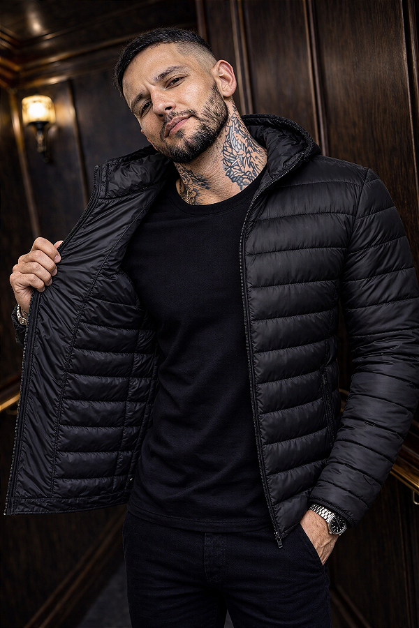 JAQUETA PUFFER BOBOJACO PRETA IMPERMEÁVEL COM CAPUZ REMOVÍVEL