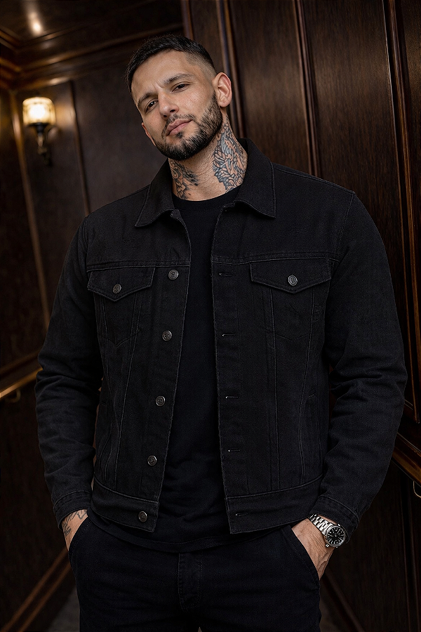 JAQUETA JEANS MASCULINA PRETA SARJA COM ELASTANO SLIM