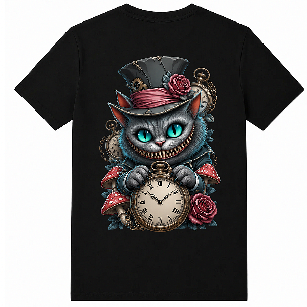 CAMISETA SLIM PRETA GATO ALICE CHAPELEIRO ELASTANO ALGODÃO AFTER RAVE