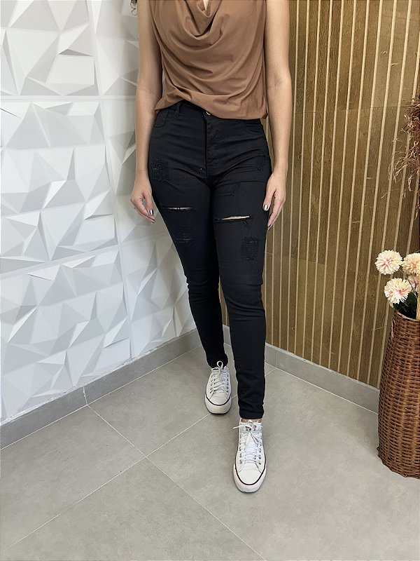 Calça Jeans Feminina Preta Skinny Destroyed