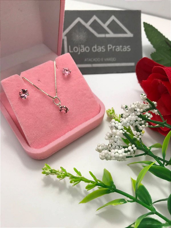 *Conjunto - Corrente veneziana com Pingente e Brincos ponto de luz de Prata 925*
