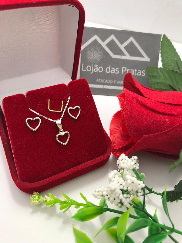 *Conjunto - Corrente veneziana com Pingente e Brincos em coração vazado de Prata 925*