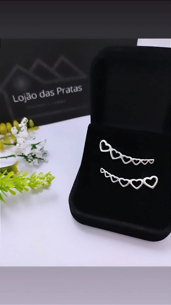 *Brinco Ear Cuff 6 coração vazados em Prata 925*