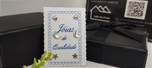 *Trio de Brinco MIni Coração / Estrela / Lua em prata 925*