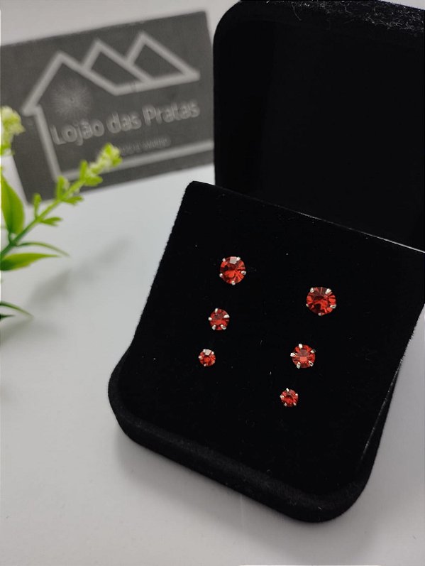 *Trio de brinco com pedra zircônia vermelho em prata 925*
