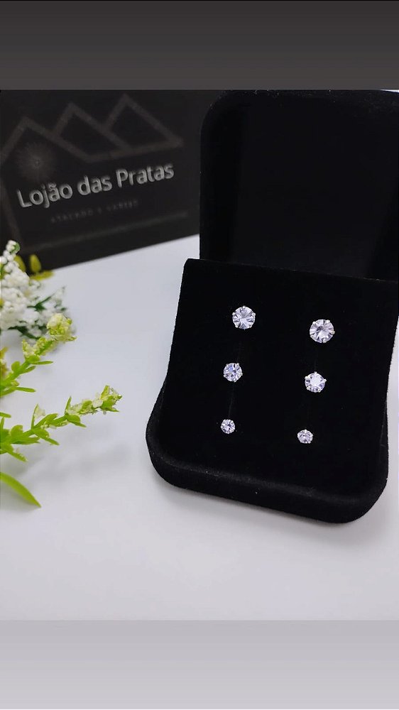 *Trio de brinco com pedra zircônia lilás em prata 925*