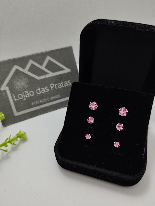 *Trio de Brinco com pedra zircônia rosa em prata 925*