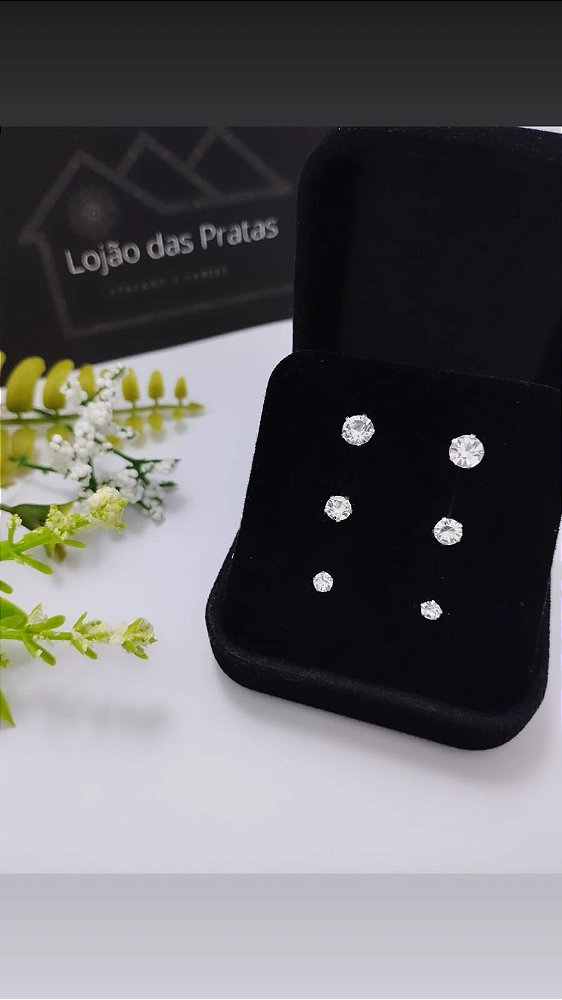 *Trio de Brinco com pedra zircônia ponto de luz em prata 925*
