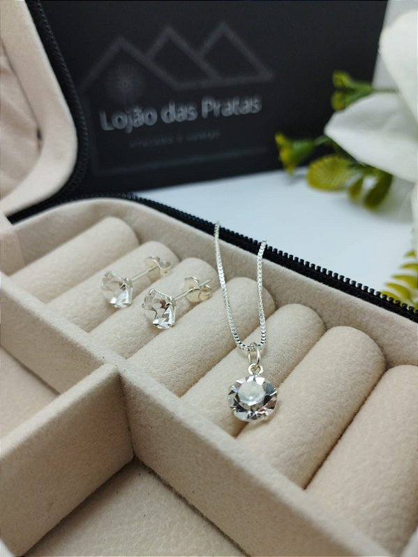 *Conjunto ponto de luz - Corrente 45 cm / Pedra 8,0 cm em prata 925*