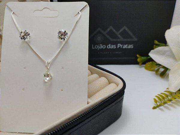 Conjunto ponto de luz - Corrente 45 cm / Pedra 8,0 cm em prata 925