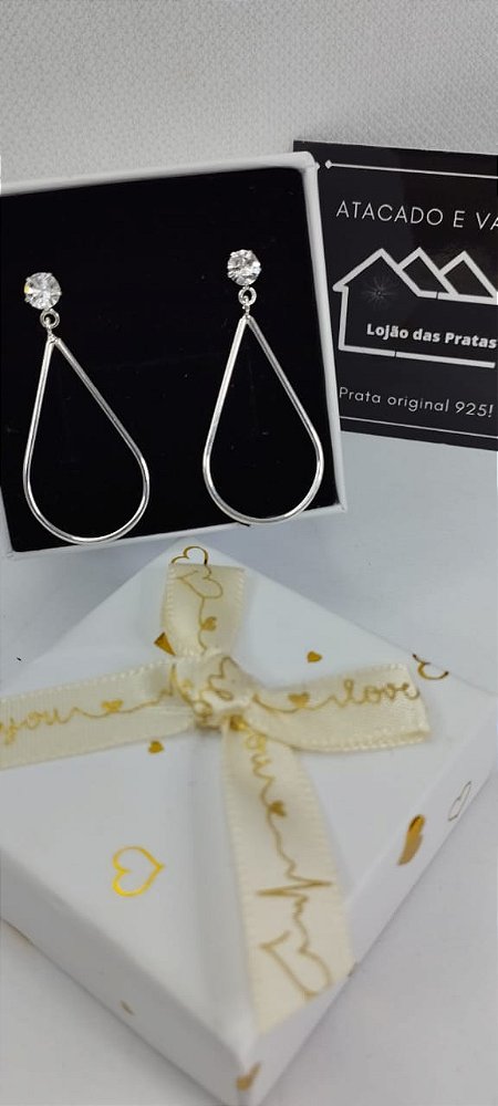 *Brinco argola gota grande 3cm com ponto de luz em prata 925*