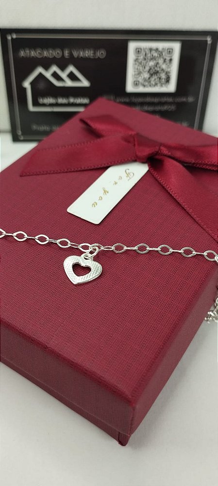 *Pulseira com pingente coração central 18cm em prata 925*