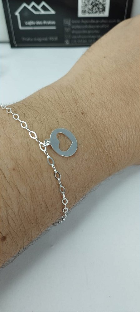 *Pulseira Plaquinha Coração vazado duplo 18cm em prata 925*