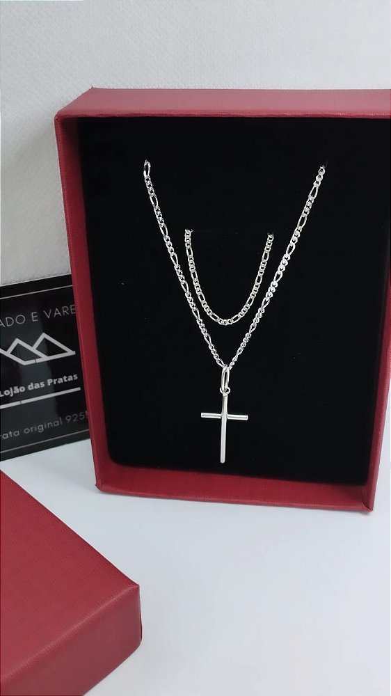 *Conjunto Corrente masculina Fígaro 3x1 - 0,1mm x 70cm + Pulseira 0,1mm x 19cm em prata 925*