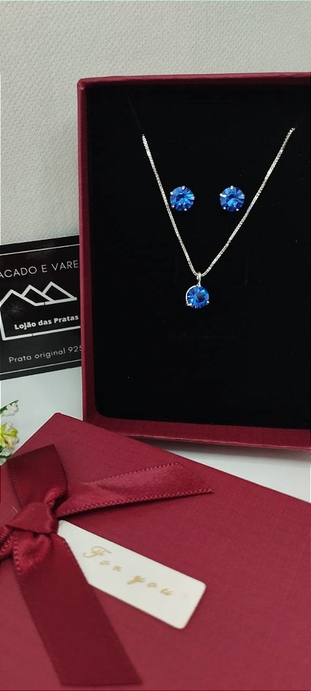 *Conjunto Azul escuro - Corrente 45cm / Brinco ponto de Luz 7mm / Pingente 7mm em prata 925*