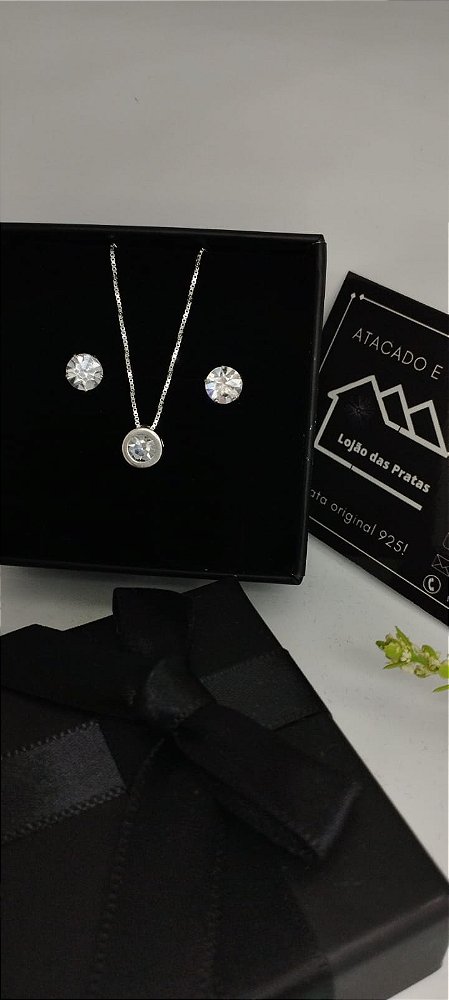 *Conjunto Prata - Corrente 45cm / Brinco ponto de Luz 7mm / Pingente 7mm em prata 925*