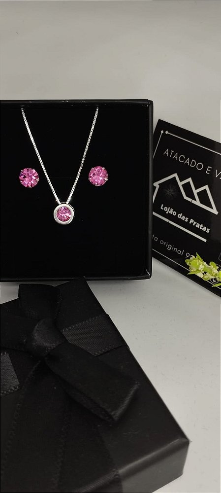 *Conjunto Rosa - Corrente 45cm / Brinco ponto de Luz 7mm / Pingente 7mm em prata 925*