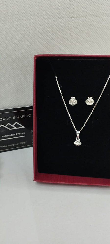 *Conjunto Corrente, Pingente e Brincos Concha em prata 925*
