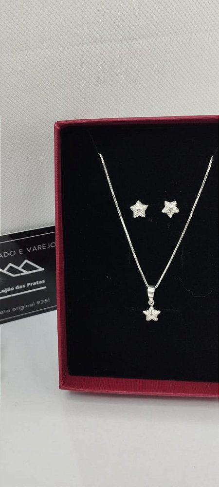 *Conjunto Corrente, Pingente e Brincos Estrela do Mar em prata 925*