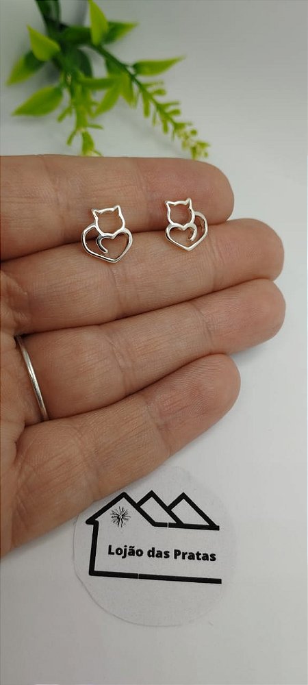 *Brinco Gatinho com coração em Prata 925*