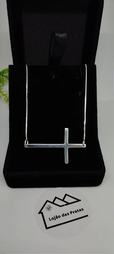 *Colar com Pingente Cruz Deitada 45cm em Prata 925*