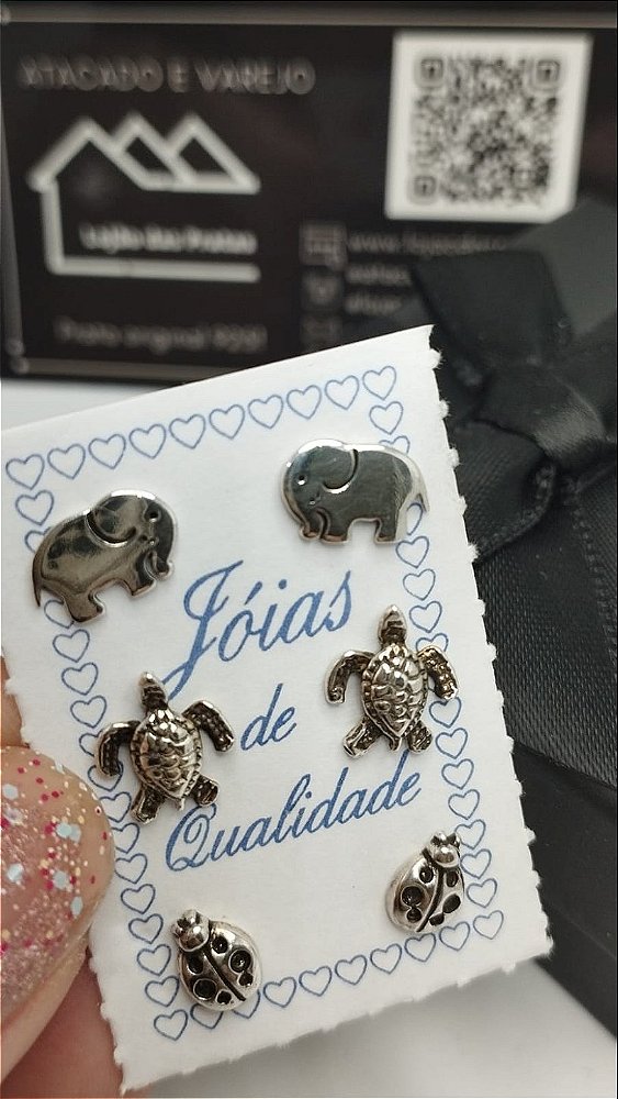 Trio de brincos bichos Elefante, Joaninha e Tartaruga em prata 925