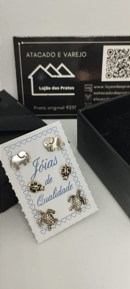 *Trio de brincos bichos Elefante, Joaninha e Tartaruga em prata 925*