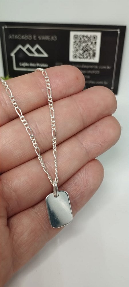 *Corrente fina masculina Fígaro 3x1 - 0,1mm x 70cm com Pingente Placa em prata 925*