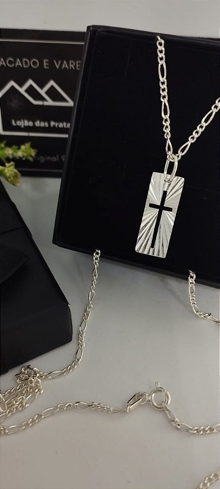 *Corrente fina masculina Fígaro 3x1 - 0,1mm x 70cm com Pingente Placa Cruz em prata 925*