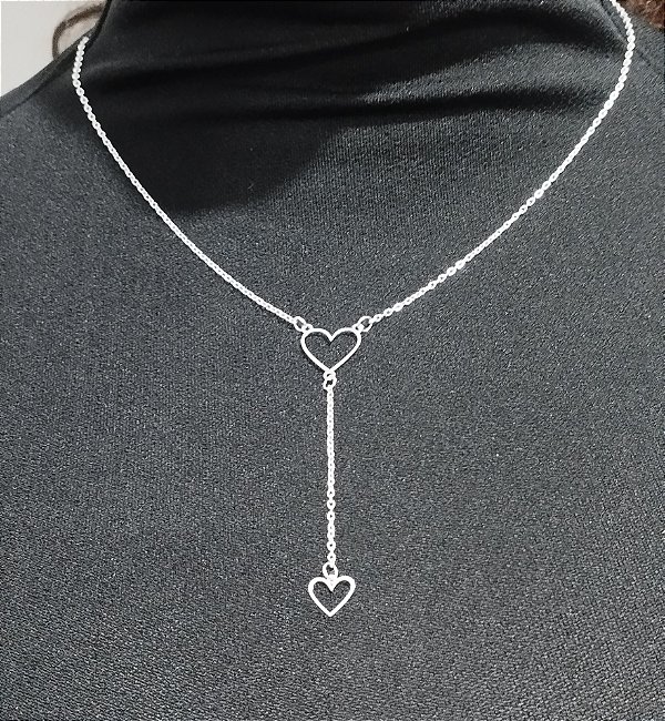 Colar longo Duplo Coração 48cm em prata 925