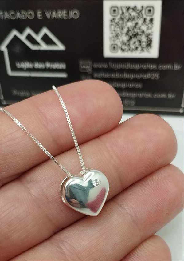 Colar Coração com Pedra Lateral 45cm em Prata 925