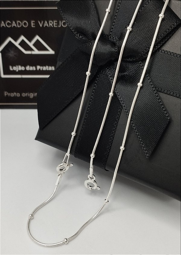 Conjunto Colar + Pulseira Rabo de Rato com Bolinhas em Prata 925