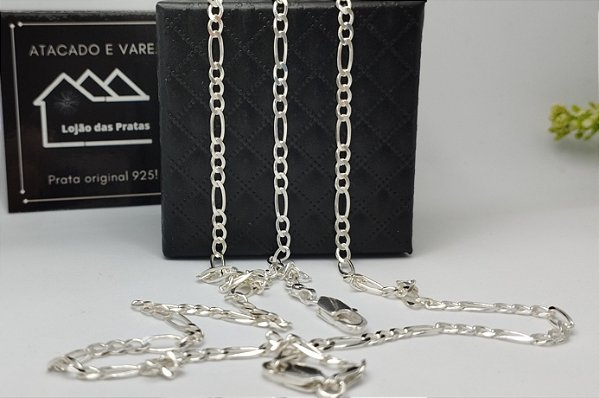 Conjunto Masculino Corrente + Pulseira Fígaro 3x1 - 70cm x 3mm em Prata 925 – Estilo Clássico e Imponente