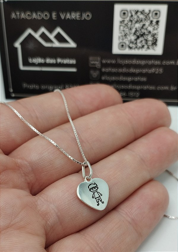 Conjunto Colar + Pingente Coração com Menininho em Prata 925 – Amor e Significado