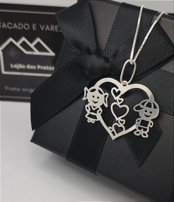 Conjunto Corrente Veneziana + Pingente Menino e Menina em Prata 925