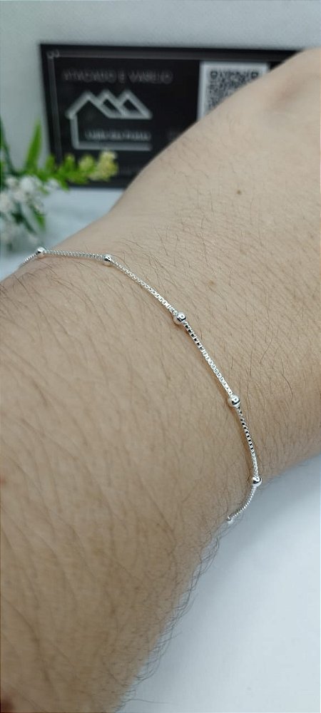 *Pulseira Bolinhas com Corrente Veneziana 20cm x 0,1mm em Prata 925*