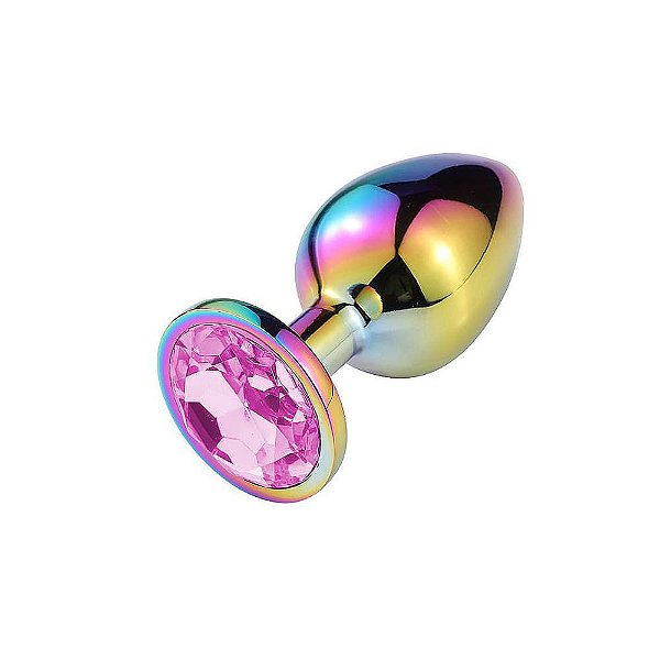 Plug Anal de Metal Grande Arco-Íris Pedra Rosa
