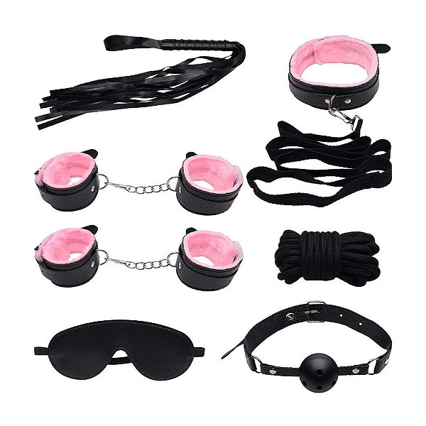 Kit Sado Bondage de Luxo Pelúcia Rosa Com 7 Acessórios