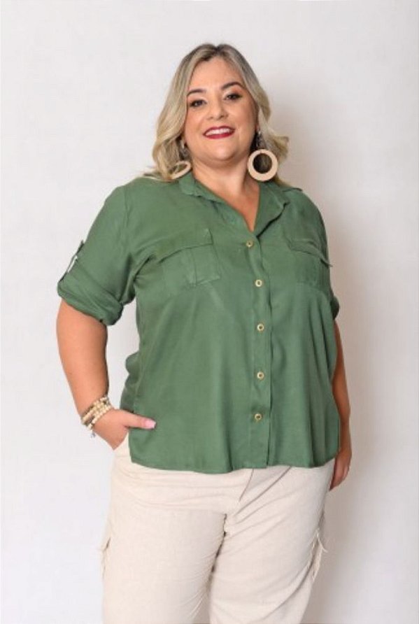 CAMISÃO COM BOLSOS E MANGA 3/4 PLUS SIZE
