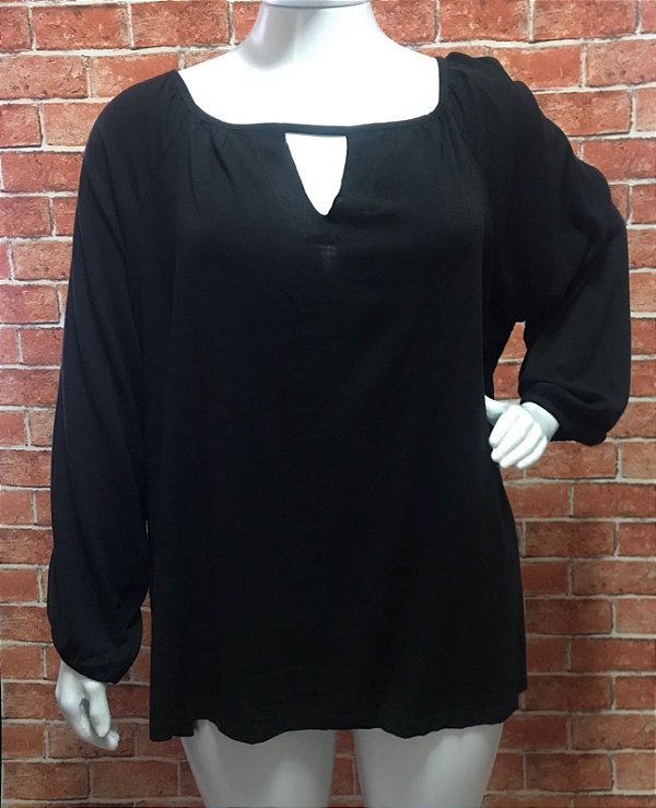 BLUSA DE VISCOLINHO LISA COM FRANZIDO NO DECOTE MANGA 3/4