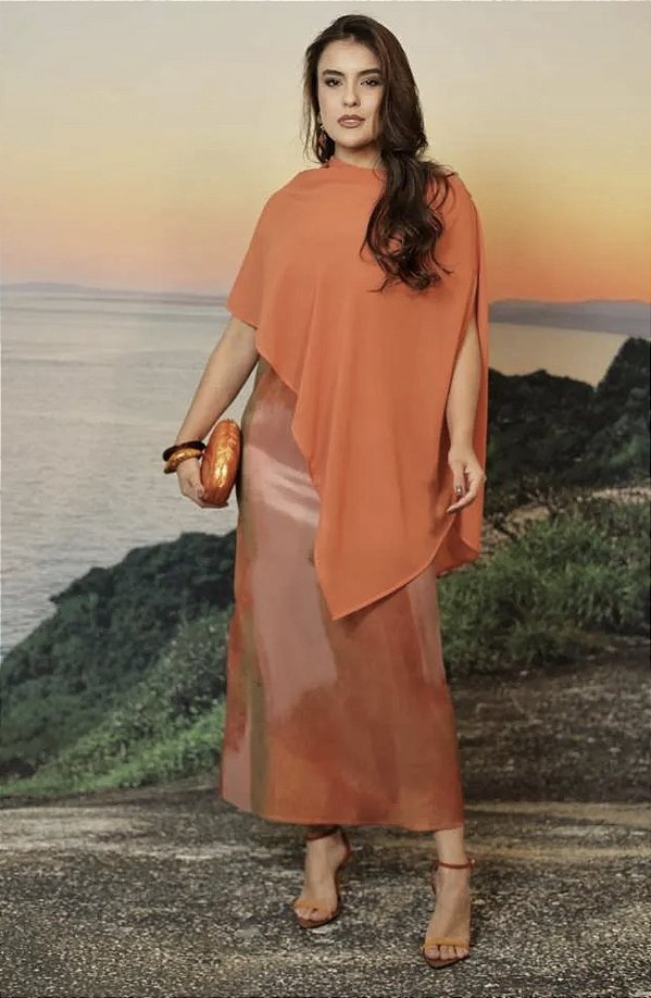 VESTIDO ACETINADO COM SOBREPOSIÇÃO LARANJA