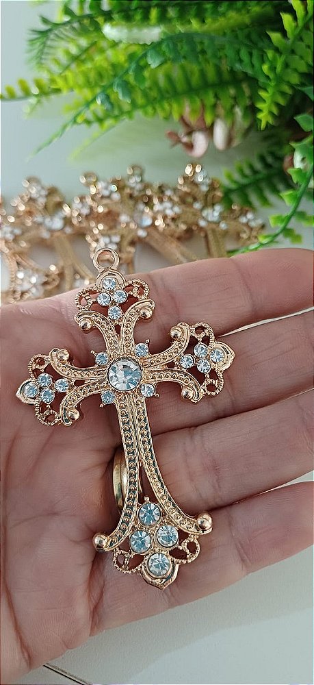 Crucifixo Flor de Lis Grande Com Strass