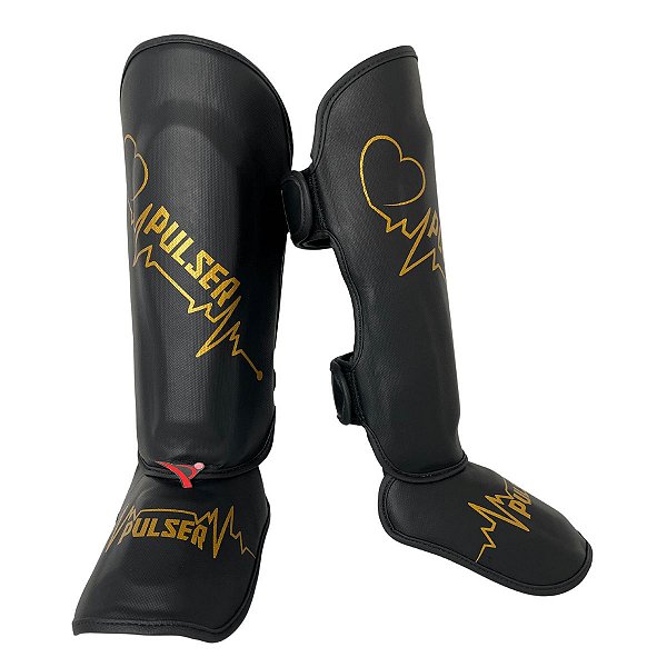Caneleira Muay Thai MMA Kickboxing Tamanho Médio 30mm - Preto com Dourado Coração - Pulser