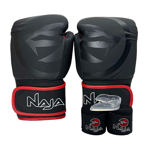 KIT LUVA 10OZ + BANDAGEM + BUCAL BLACK LINE - PRETO COM VERMELHO - NAJA