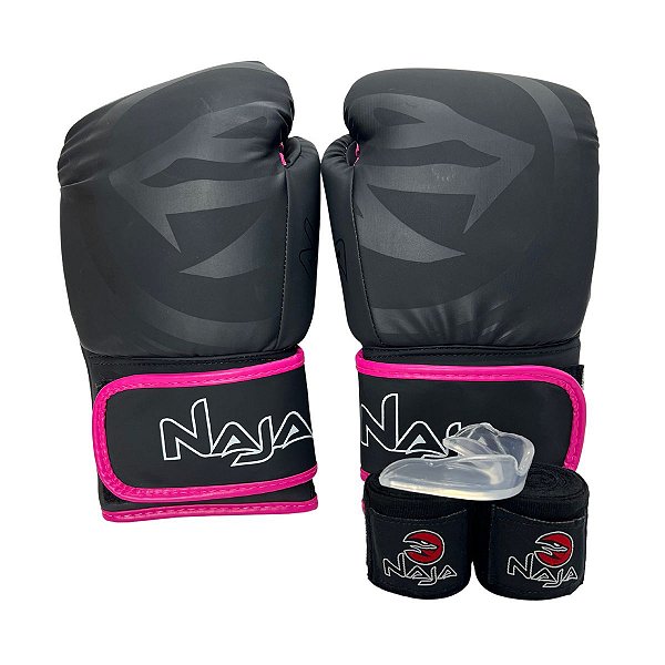 KIT LUVA 10OZ + BANDAGEM + BUCAL BLACK LINE - PRETO COM ROSA - NAJA