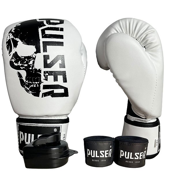 KIT LUVA 12OZ + BANDAGEM + BUCAL - BRANCO PRETO CAVEIRA - PULSER