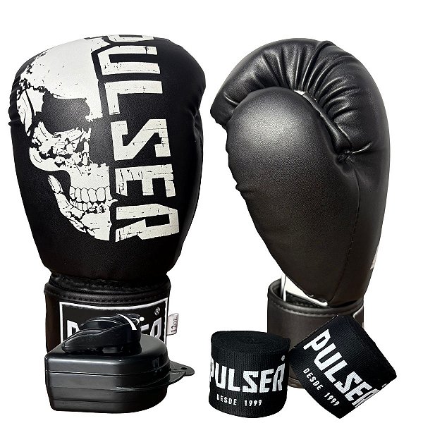 KIT LUVA 12OZ + BANDAGEM + BUCAL - BRANCO PRETO CAVEIRA - PULSER