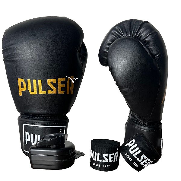 KIT LUVA 12OZ + BANDAGEM + BUCAL - PRETO DOURADO MINIMAL - PULSER